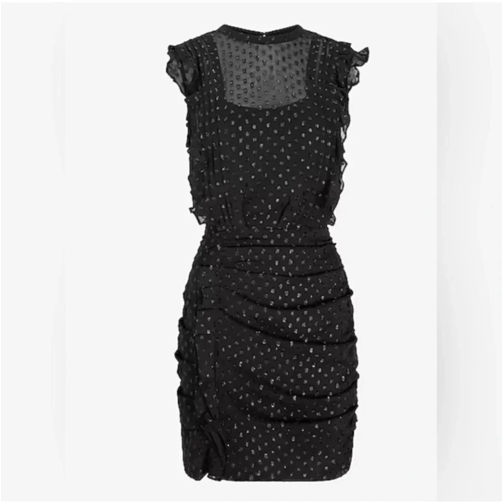 Express Swiss Dot Ruffled and Ruched Mini Dress - Picture 3 of 4